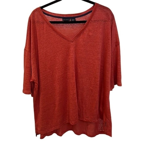 Tahari Tops - Tahari 100% Linen V Neck Top Women's XL Coral Red Oversized Short Sleeve Blouse